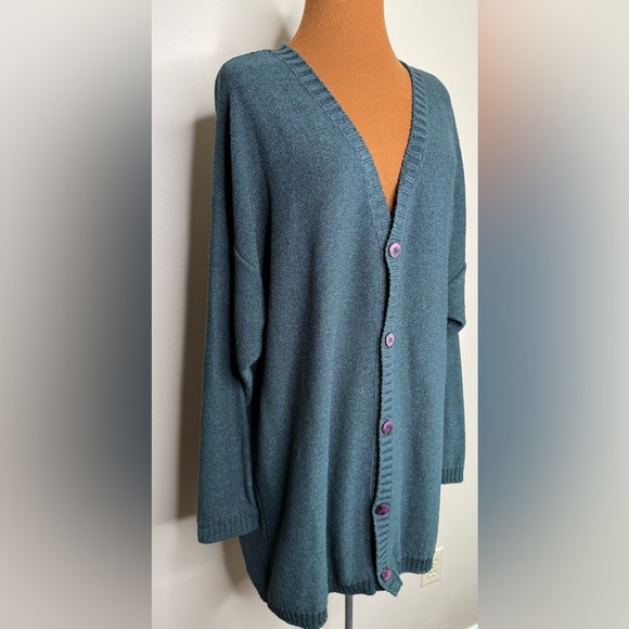 Joan Vass Teal Cardigan V Neck Oversized Purple Buttons Size XL - Picture 2 of 9
